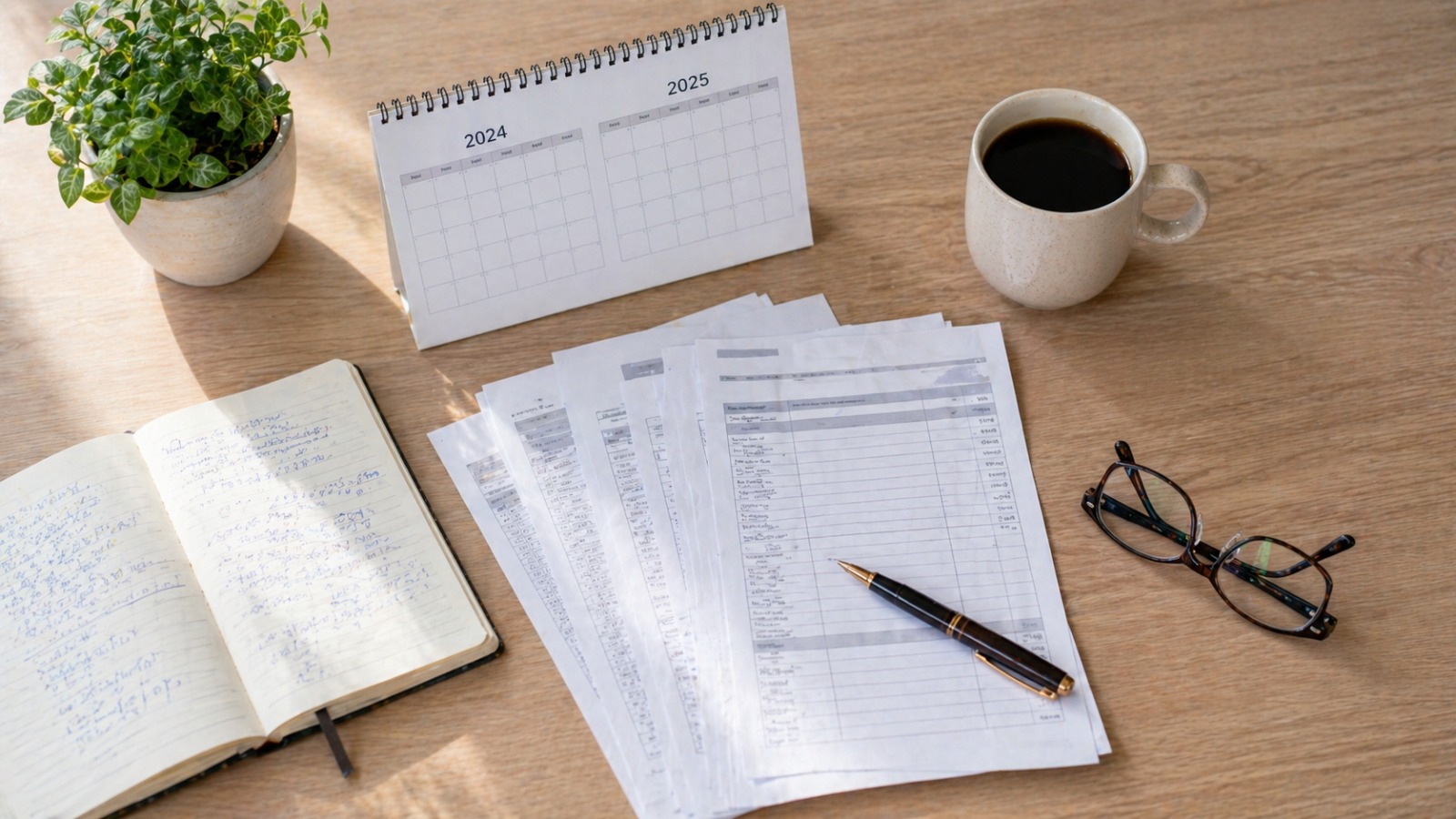 Caderno com cálculos e xícara de café