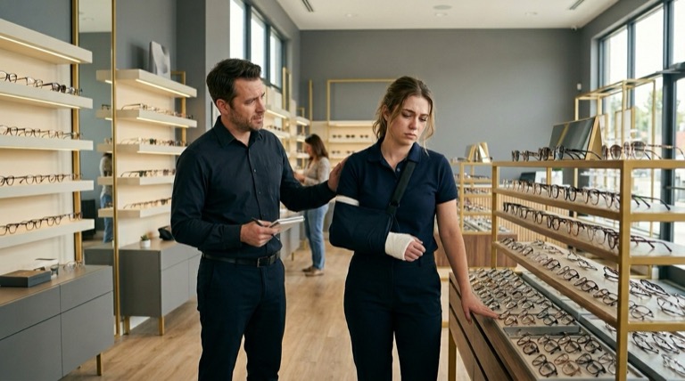 Funcionária de ótica com braço imobilizado ao lado de gerente, acidente de trabalho