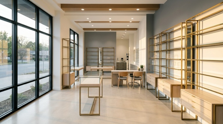 Interior amplo de ótica recém-aberta, abertura de filial