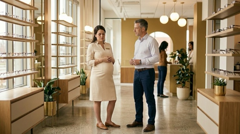 Funcionária gestante conversando com gerente em ótica, estabilidade provisória da gestante