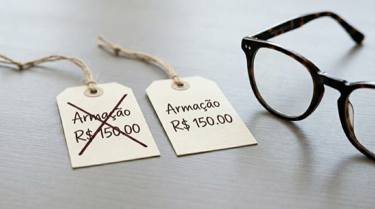 Etiqueta de preço com desconto fictício ao lado de óculos, propaganda enganosa no setor óptico