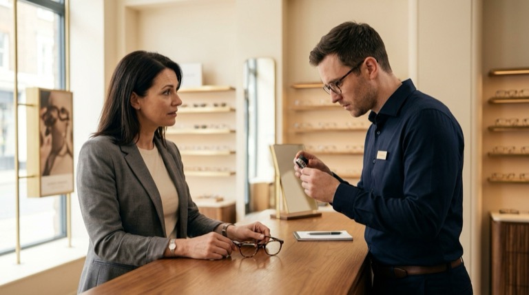 Consultoria em ótica com cliente e atendente no balcão, identificação de venda casada