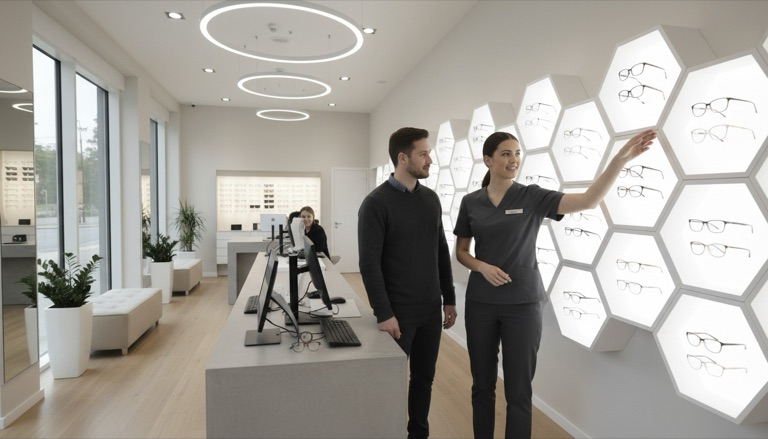 Atendente mostrando óculos ao cliente — garantia e direitos do consumidor