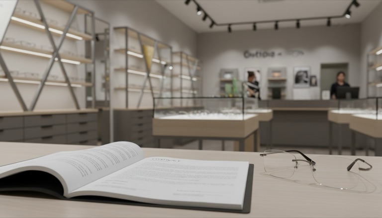 Contrato e óculos sobre mesa em ótica — riscos contratuais com fornecedores