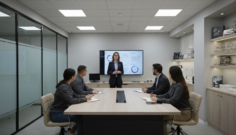 Reunião de consultoria jurídica para ótica — apresentação de resultados